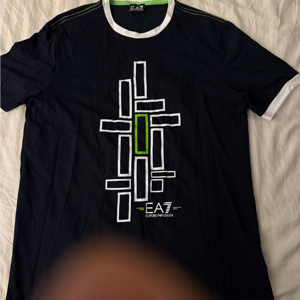 Emporio Armani Men's Black Tee with White and Green Accents